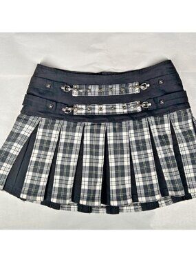Vintage TRIPP NYC Plaid Pleated Mini Skirt Small  Studs Buckles Black White